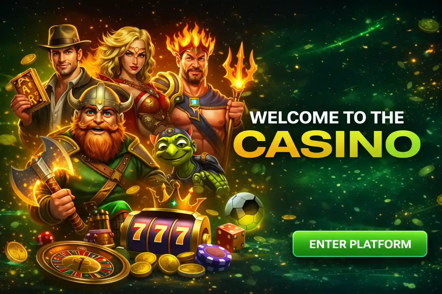 Promotional banner featuring characters like a viking and poseidon with casino elements